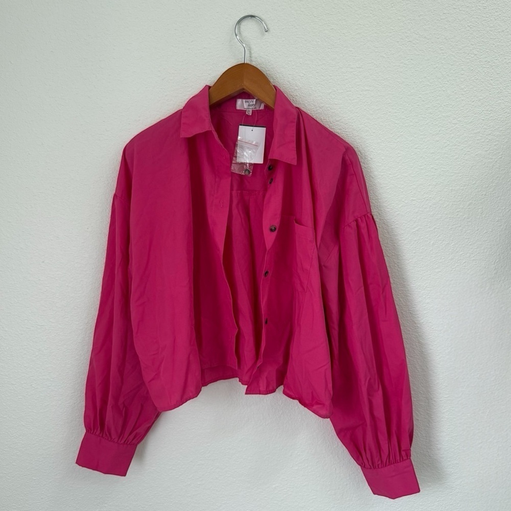 Anthropologie Dizzy Lizzy NWT Pink Button-Up Long Balloon Sleeve Blouse Size XL